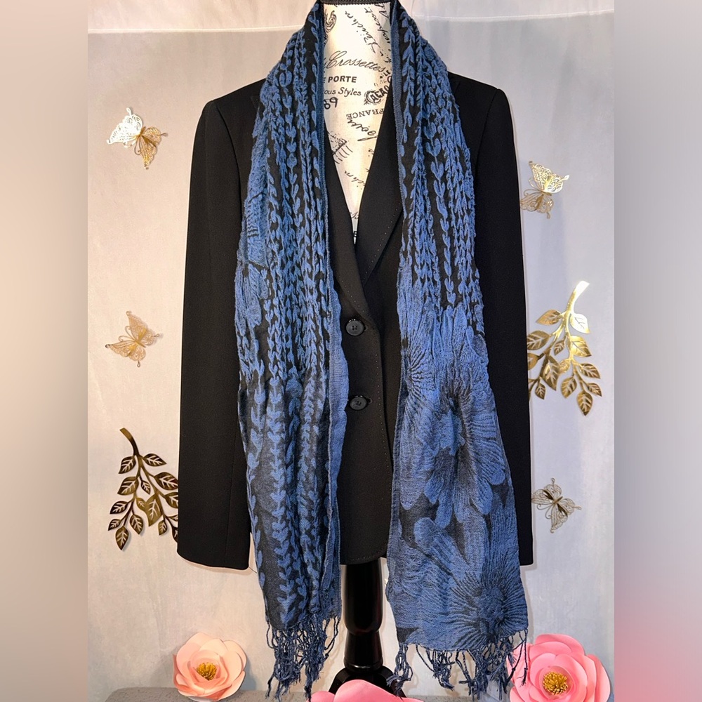 Old Navy Blue Embroidered Scarf with Fringed Ends